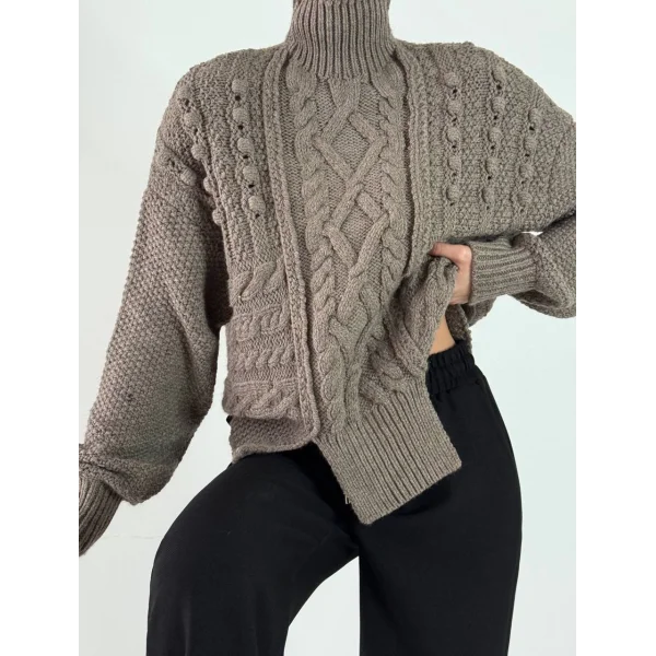 Saç Örgü Yırtmaç Detaylı Vizon Kazak