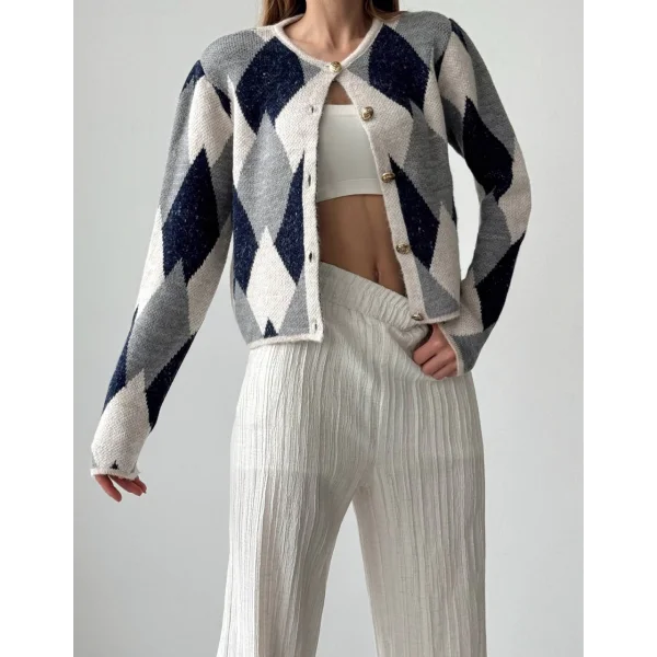 Baklava Desen Kısa Hırka Taş