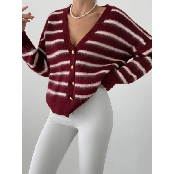 Sakallı Çizgili Hırka Bordo