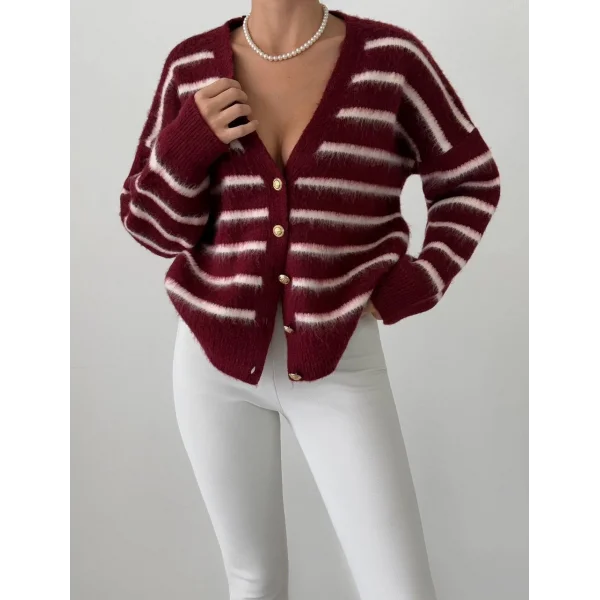 Sakallı Çizgili Hırka Bordo