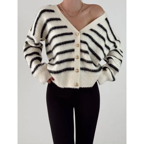 Sakallı Çizgili Hırka Ekru