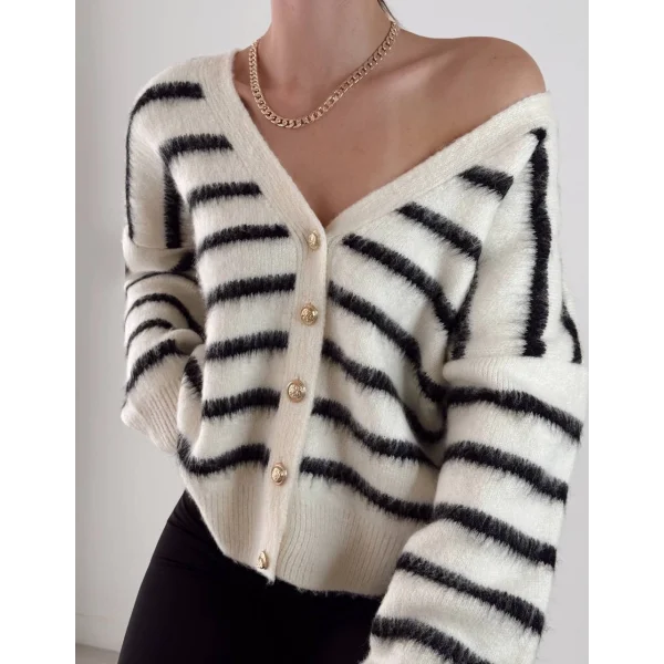 Sakallı Çizgili Hırka Ekru