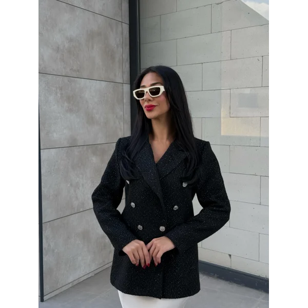 Simli Şanel Kruvaze Siyah Blazer Ceket