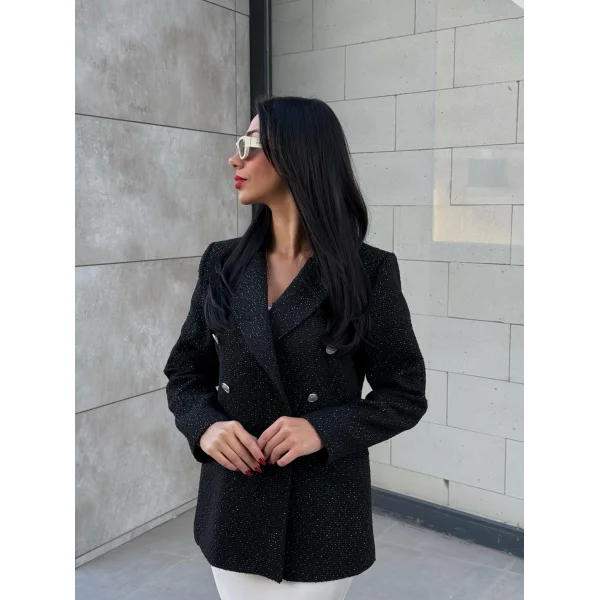 Simli Şanel Kruvaze Siyah Blazer Ceket