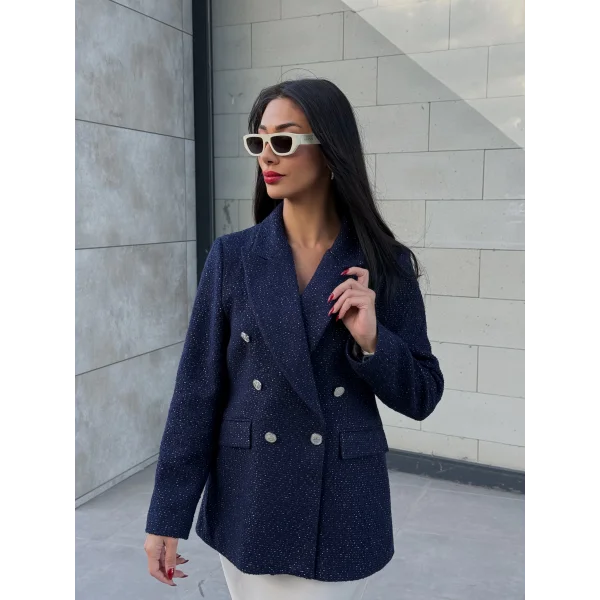 Simli Şanel Kruvaze Lacivert Blazer Ceket