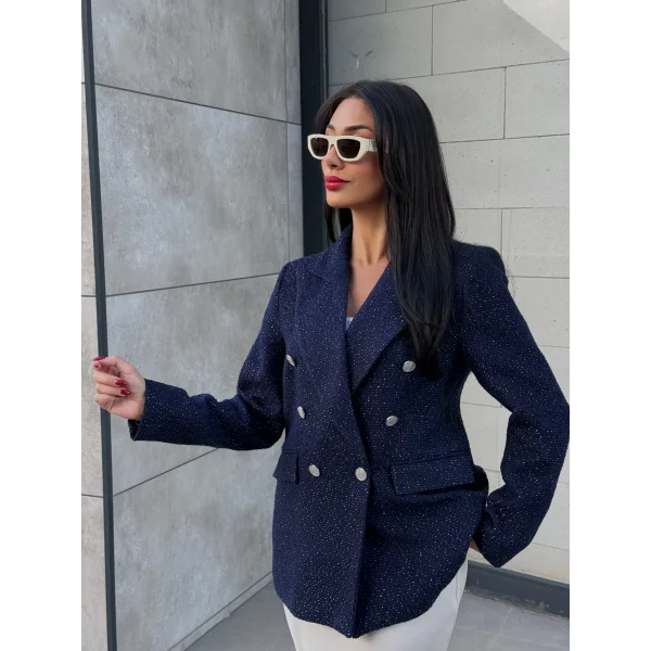 Simli Şanel Kruvaze Lacivert Blazer Ceket