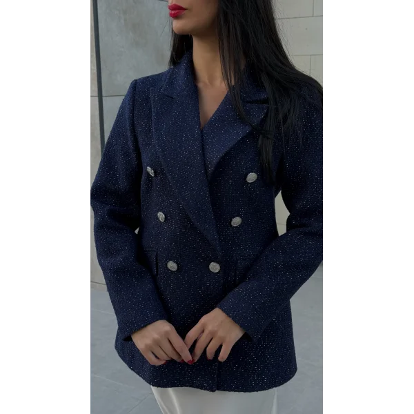 Simli Şanel Kruvaze Lacivert Blazer Ceket