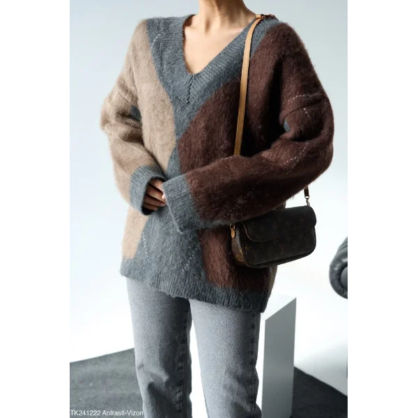 Baklava Desen V Yaka Kazak - antrasit/vizon