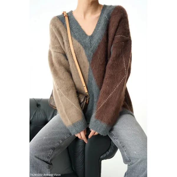 Baklava Desen V Yaka Kazak - antrasit/vizon