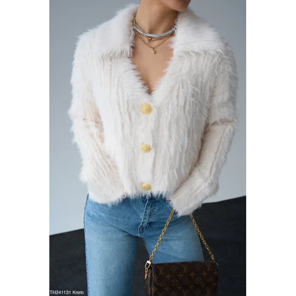 Premium Gold Düğmeli Tüylü Hırka