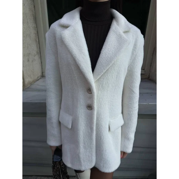 Çift Düğme Peluş Ceket Beyaz