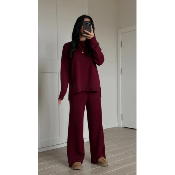 Bisiklet Yaka Yırtmaçlı Kazak Pantolon Triko Takım Bordo