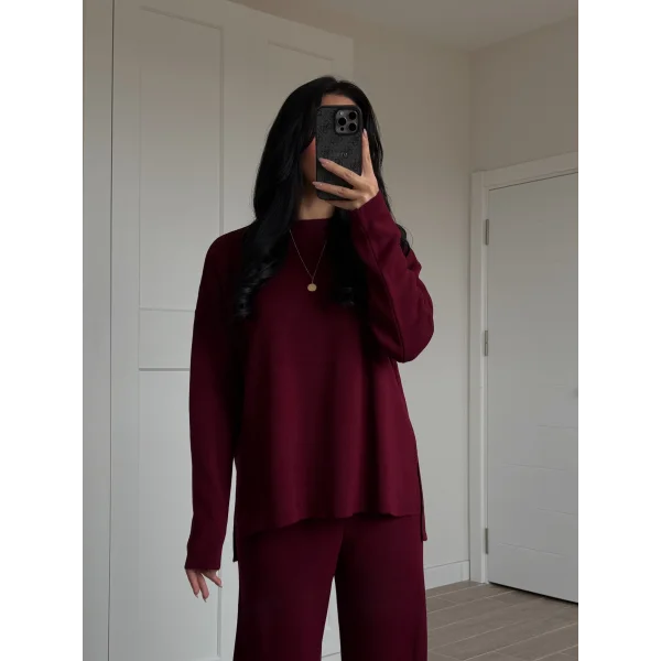 Bisiklet Yaka Yırtmaçlı Kazak Pantolon Triko Takım Bordo