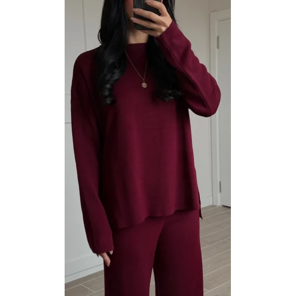Bisiklet Yaka Yırtmaçlı Kazak Pantolon Triko Takım Bordo