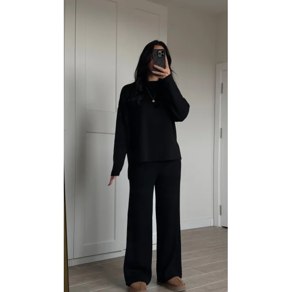 Bisiklet Yaka Yırtmaçlı Kazak Pantolon Triko Takım Siyah