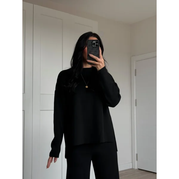 Bisiklet Yaka Yırtmaçlı Kazak Pantolon Triko Takım Siyah