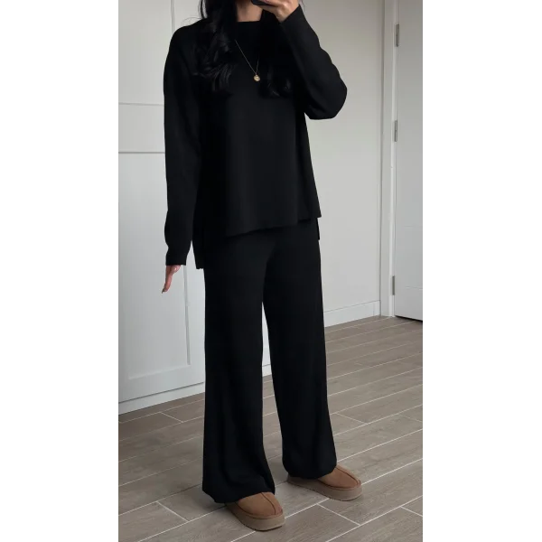 Bisiklet Yaka Yırtmaçlı Kazak Pantolon Triko Takım Siyah