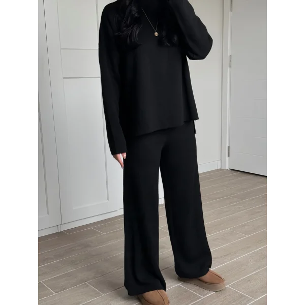 Bisiklet Yaka Yırtmaçlı Kazak Pantolon Triko Takım Siyah