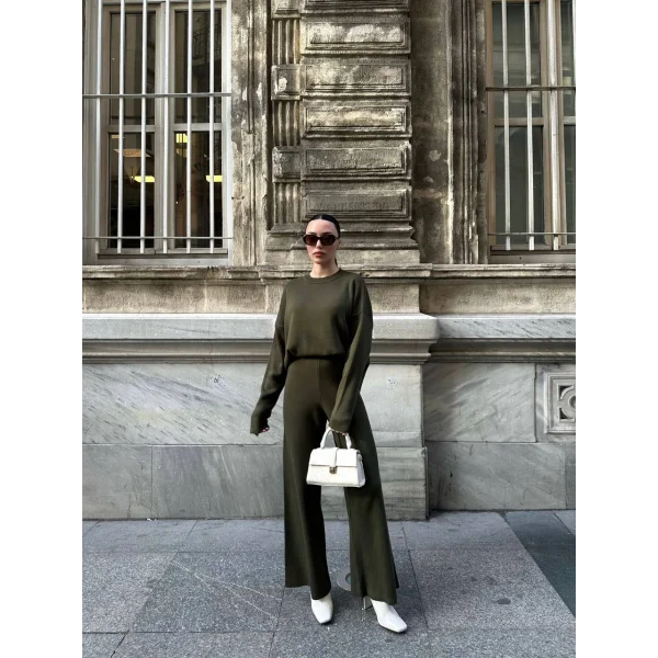 Bisiklet Yaka Yırtmaçlı Kazak Pantolon Triko Takım Haki