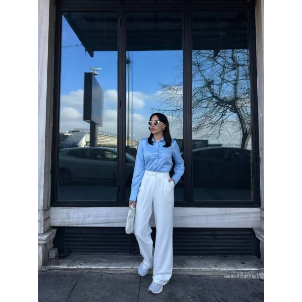 Dik Yaka Vatkalı Poplin Mavi Gömlek