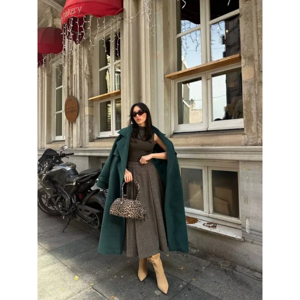 Balıksırtı Pile Detaylı Midi Boy Kaşe Etek Bej/Kahve