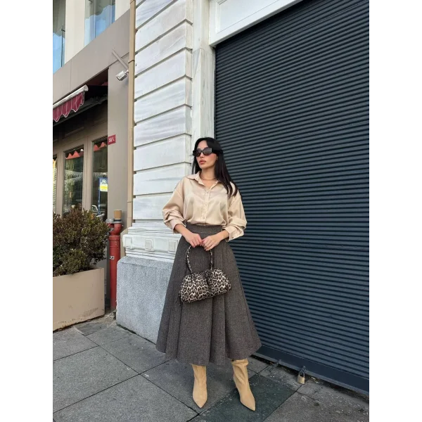 Balıksırtı Pile Detaylı Midi Boy Kaşe Etek Bej/Kahve