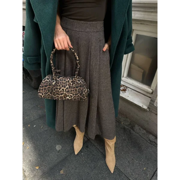 Balıksırtı Pile Detaylı Midi Boy Kaşe Etek Bej/Kahve