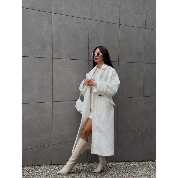 Yün Oversize Buklet Kaban Beyaz