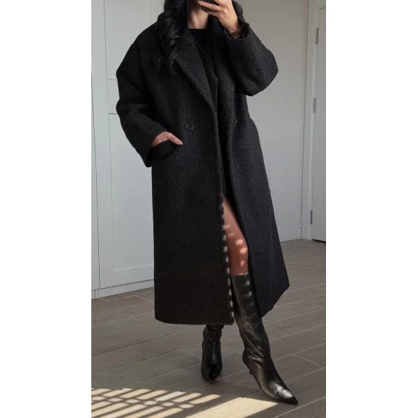 Yün Oversize Buklet Kaban Siyah