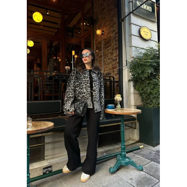 Gri Leopar Desenli Hırka Ceket