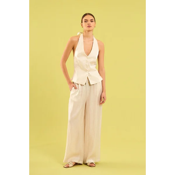 Parlak Boyundan Bağlamalı Yelek - Ekru