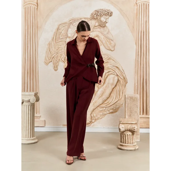 Kemer Detaylı Modal Kumaş Gömlek Bluz-Bordo