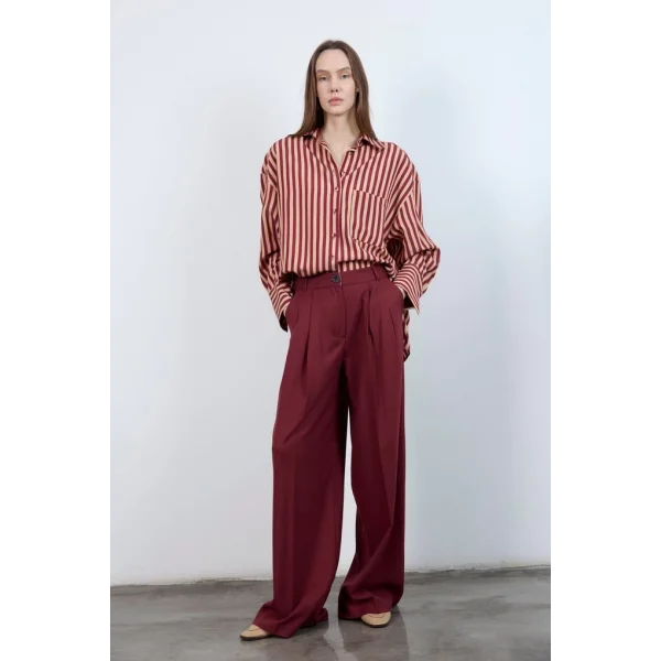 Çizgili Gömlek - Bordo Camel