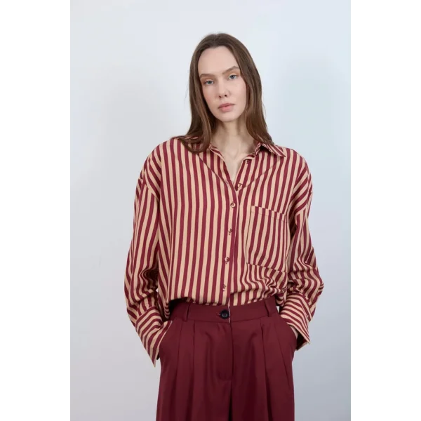 Çizgili Gömlek - Bordo Camel
