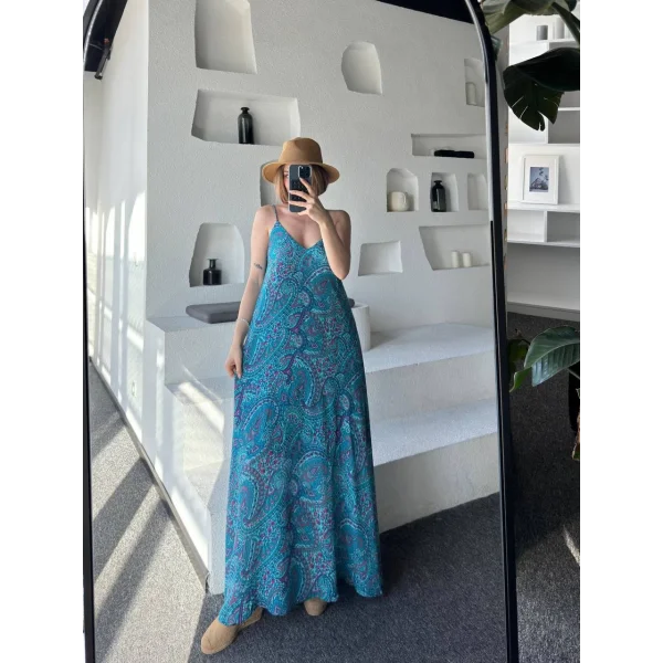 Empirme Askılı Uzun Elbise - Mavi