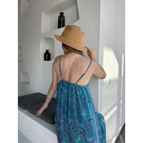 Empirme Askılı Uzun Elbise - Mavi