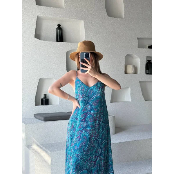 Empirme Askılı Uzun Elbise - Mavi