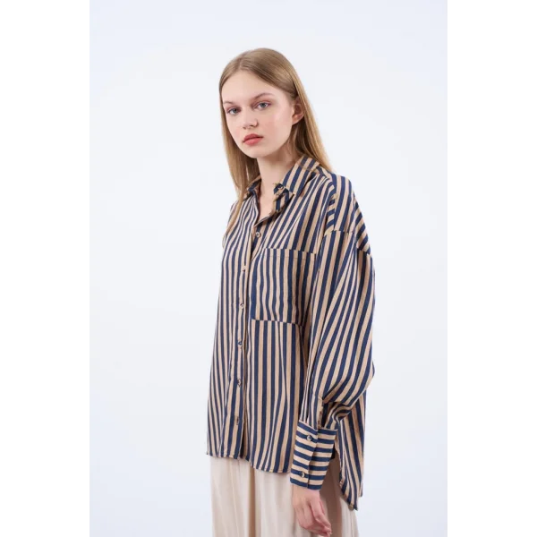 Çizgili Gömlek - Lacivert Camel