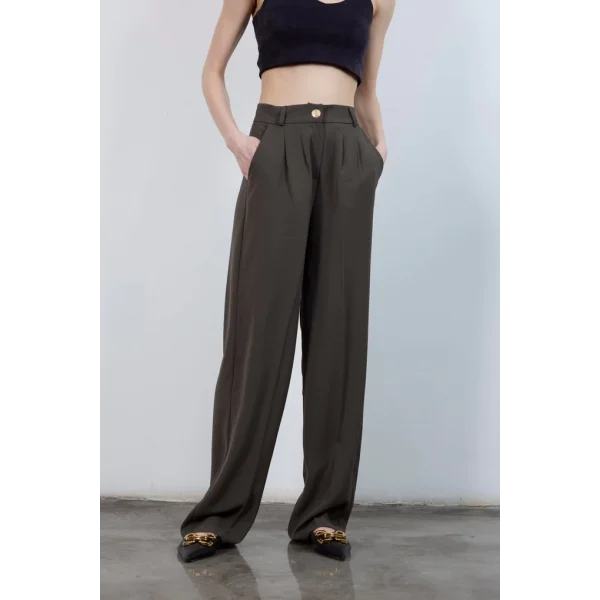 Myra Pileli Gold Düğme Palazzo Pantolon - Haki