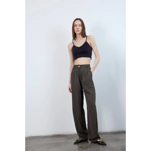 Myra Pileli Gold Düğme Palazzo Pantolon - Haki