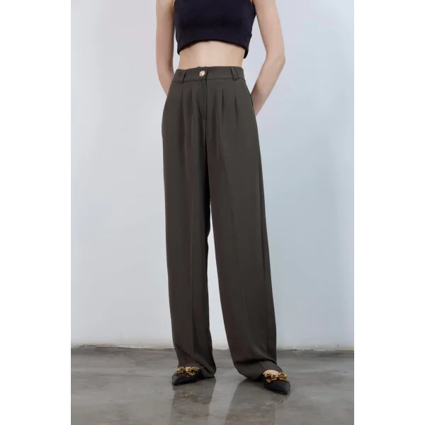 Myra Pileli Gold Düğme Palazzo Pantolon - Haki