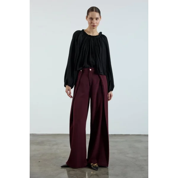 Piliseli Kapak Detay Krep Palazzo Pantolon - Bordo