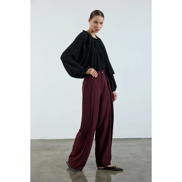 Piliseli Kapak Detay Krep Palazzo Pantolon - Bordo