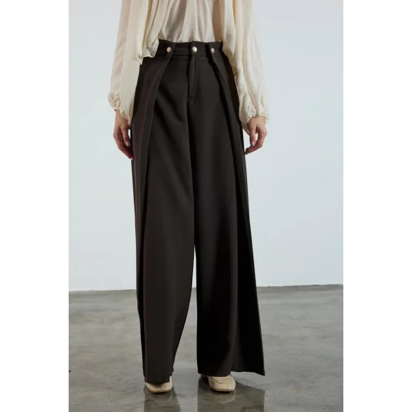 Piliseli Kapak Detay Krep Palazzo Pantolon - Kahve