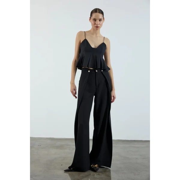 Piliseli Kapak Detay Krep Palazzo Pantolon - Siyah