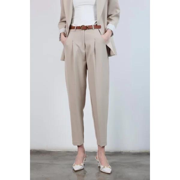 Yüksek Bel Kemerli Havuç Pantolon Taş