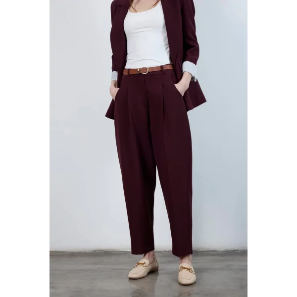 Yüksek Bel Kemerli Havuç Pantolon Mürdüm