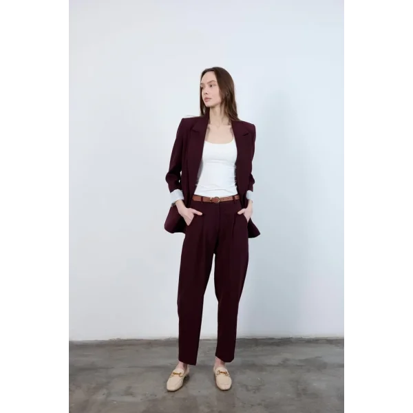 Yüksek Bel Kemerli Havuç Pantolon Mürdüm