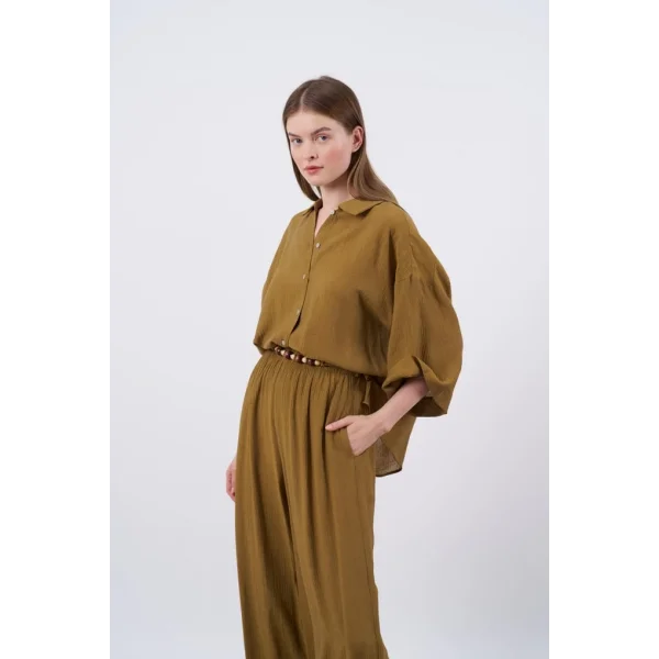 Keten Gömlek Pantolon Takım Taba