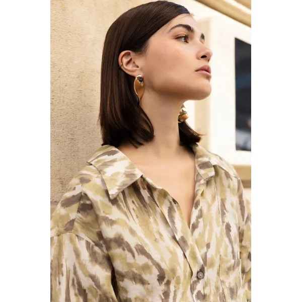 Düşük Omuz Desenli Modal Gömlek - Yeşil